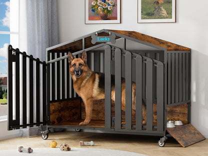 48" Dog Crate on Lockable Wheels, Large Dogs Cage with Name Tag