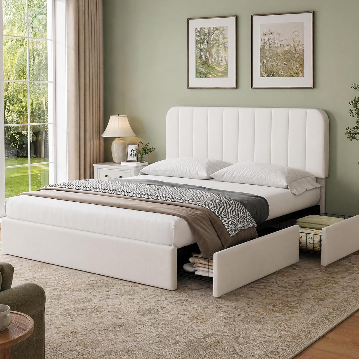 Queen Size Bed Frame, Velvet Upholstered Storage Bed with 4 Drawers, Adjustable Headboard, Modern Bedroom Furniture, Beige