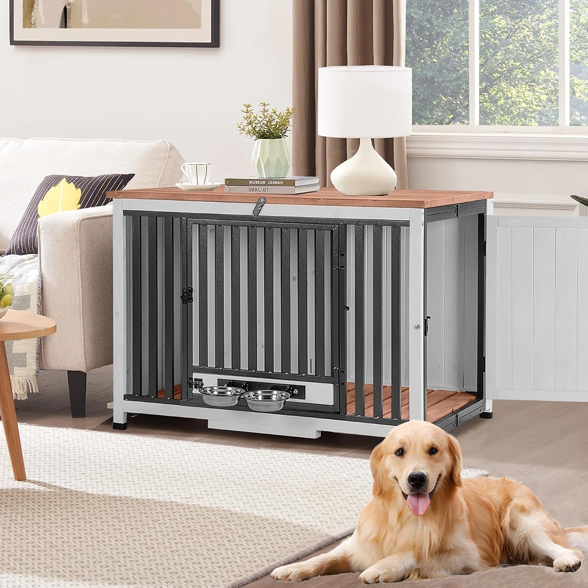 Large Dog Crate Furniture with Bowl for Travel Foldable Dog Crate