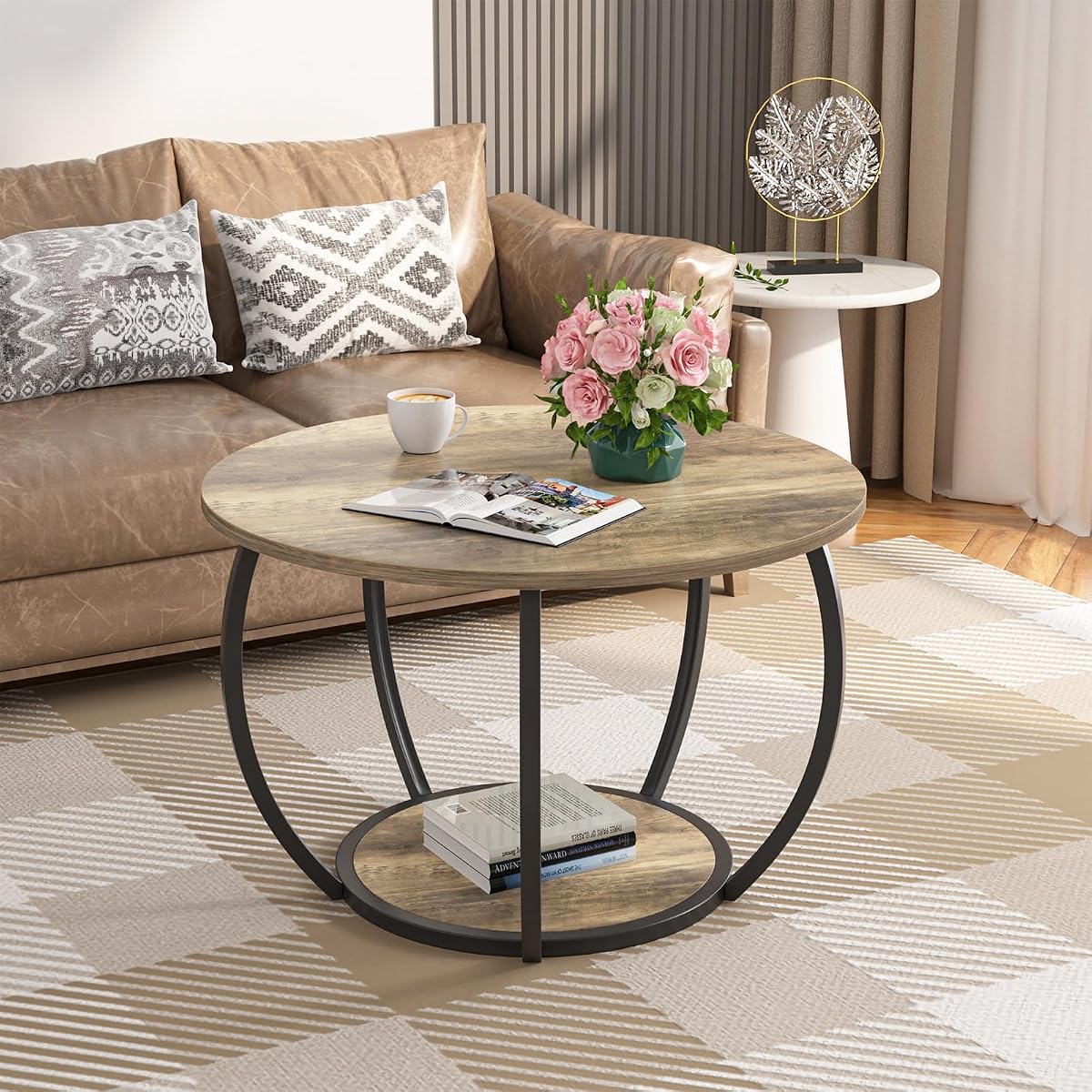 27.6 Inch Round Coffee Table with 2-Tier Storage | Center Table Living Room & Apartment Farmhouse Decor, Stable Waterproof Scratchproof Top, Lightweight Easy Assembly Gray Wash