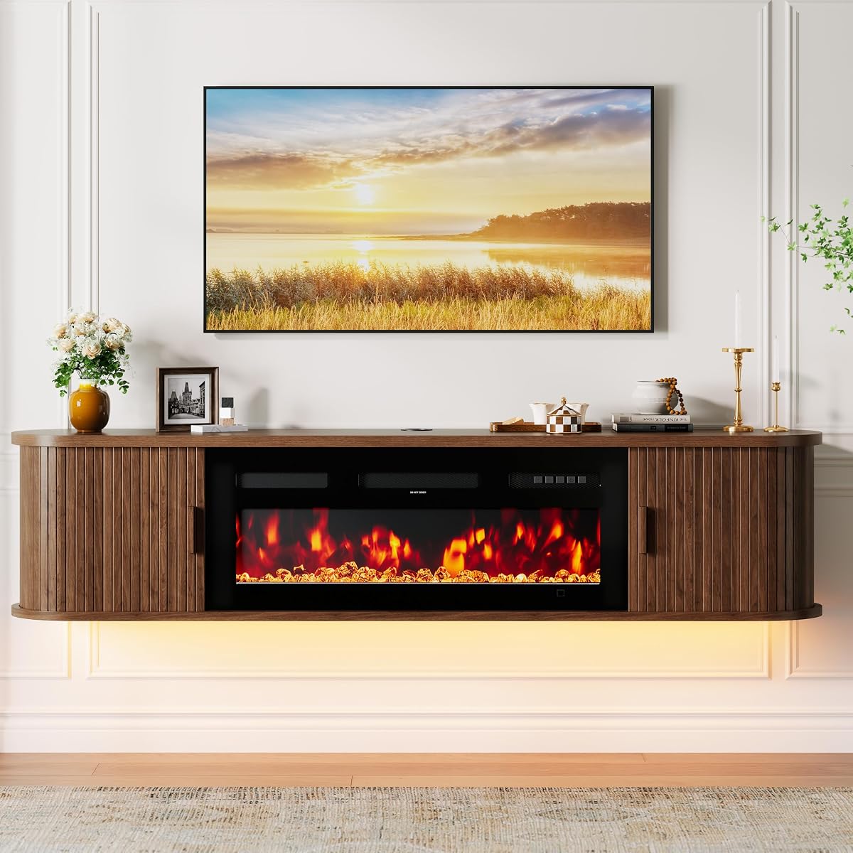 70" Floating TV Stand with Electric Fireplace, Wall Mounted Fireplace TV Stand