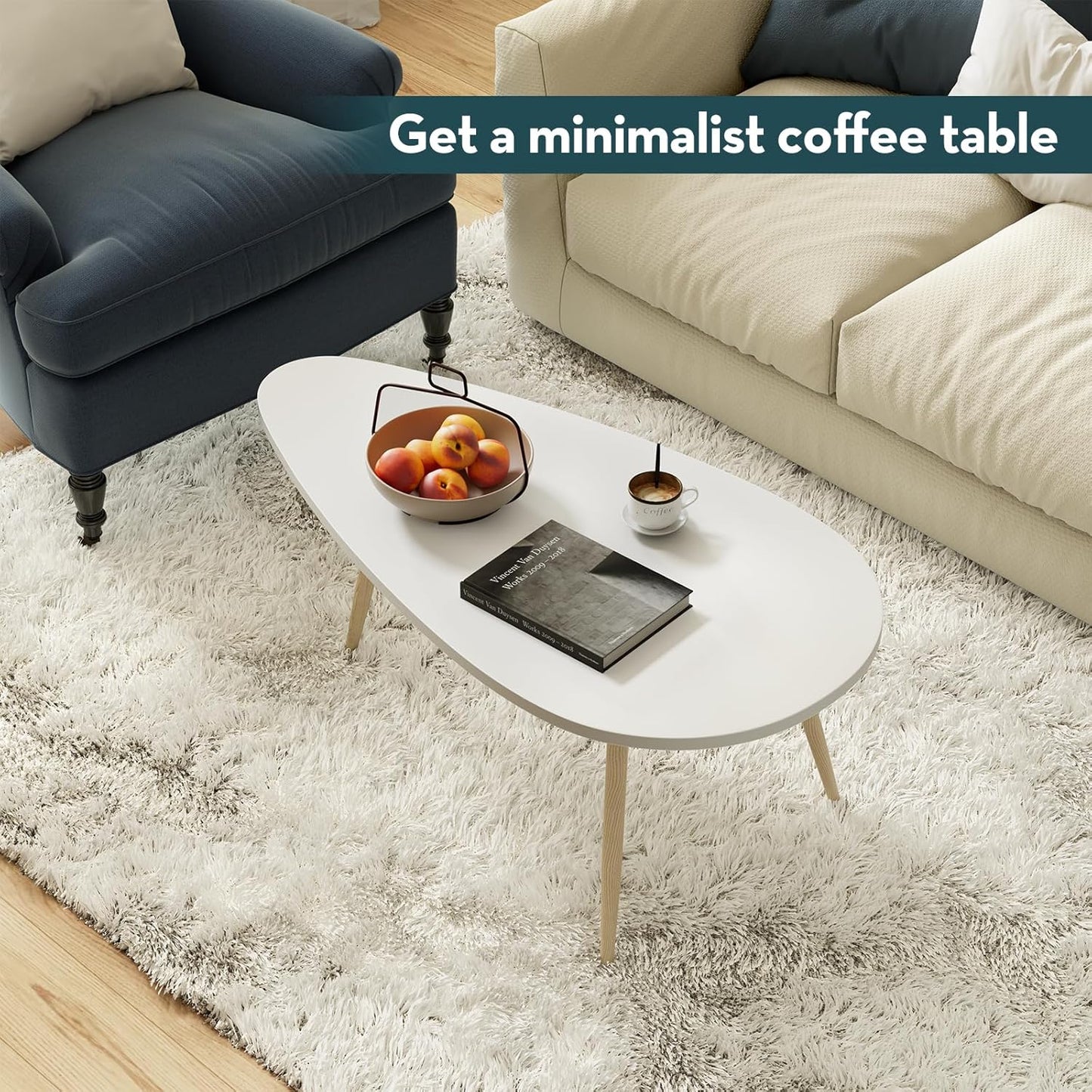 Modern Coffee Table White Oval Coffee Tables for Living Room Simple Center Table for Small Space Home Office Easy Assembly 22.2" D X 42.5" W X 17.1" H, White