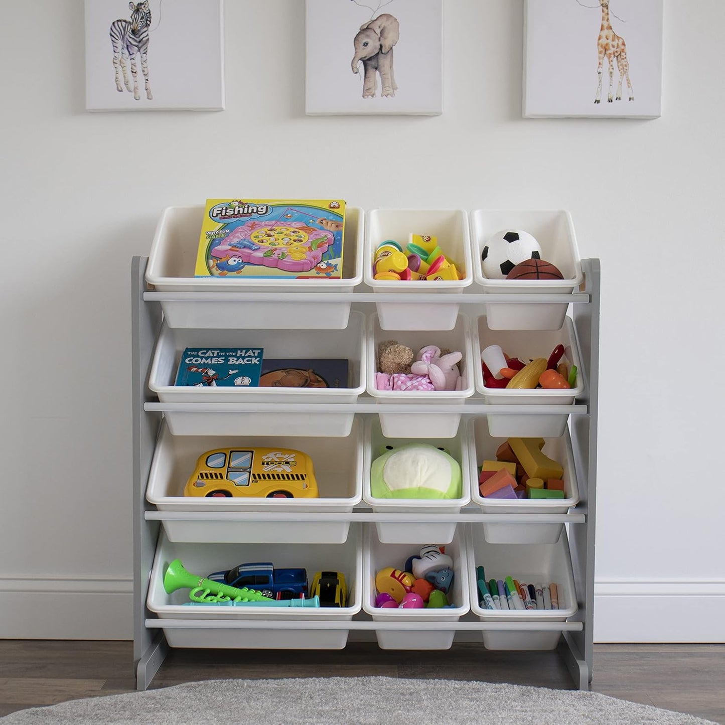 Kids Toy Storage Organizer with 12 Plastic Bins, Grey/White – Removable Bins for Playroom, Bedroom, Toddler Furniture for Boys and Girls Ages