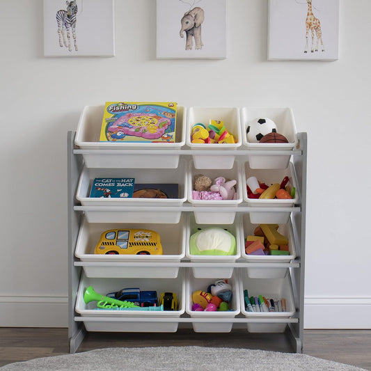 Kids Toy Storage Organizer with 12 Plastic Bins, Grey/White – Removable Bins for Playroom, Bedroom, Toddler Furniture for Boys and Girls Ages