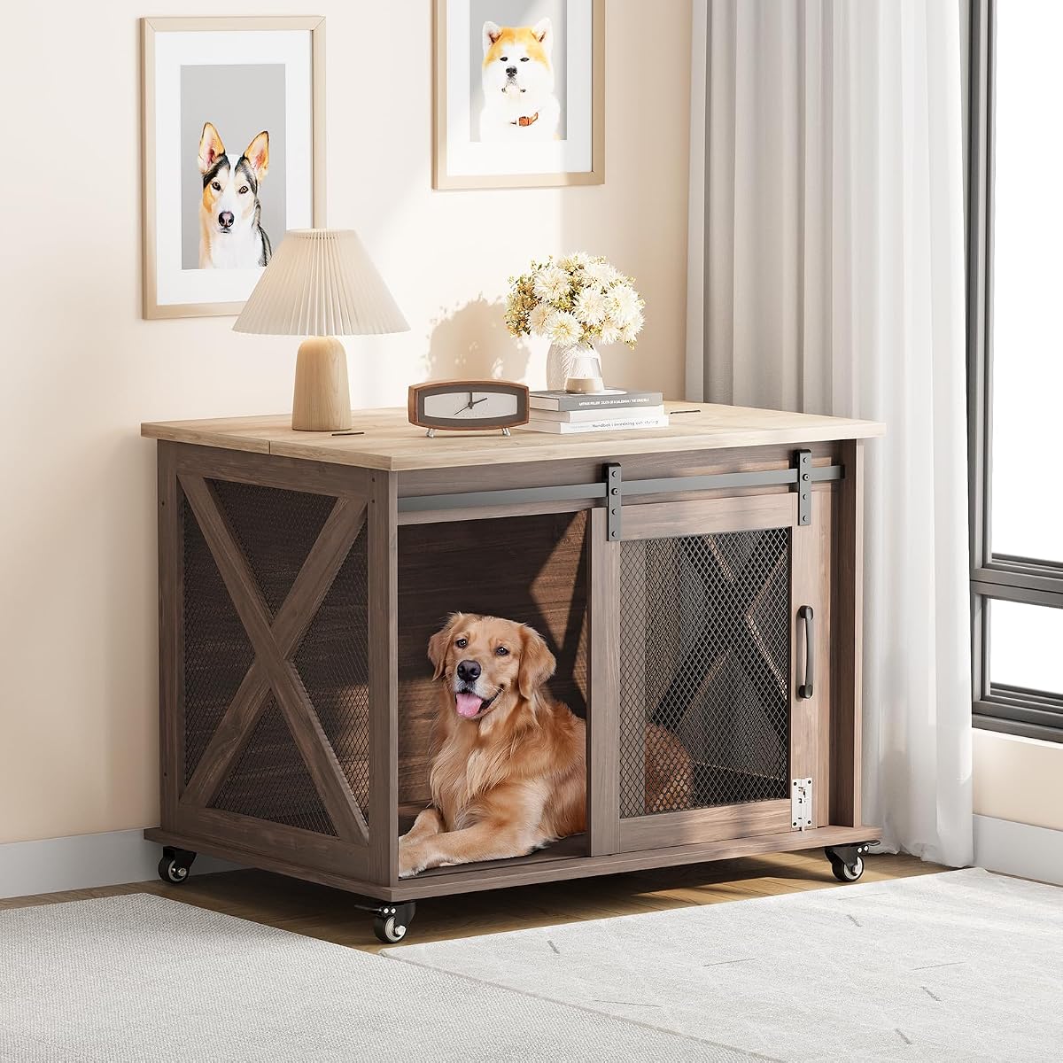 37"Dog Cage, Farmhouse Dog Crate Furniture with Sliding Barn Door