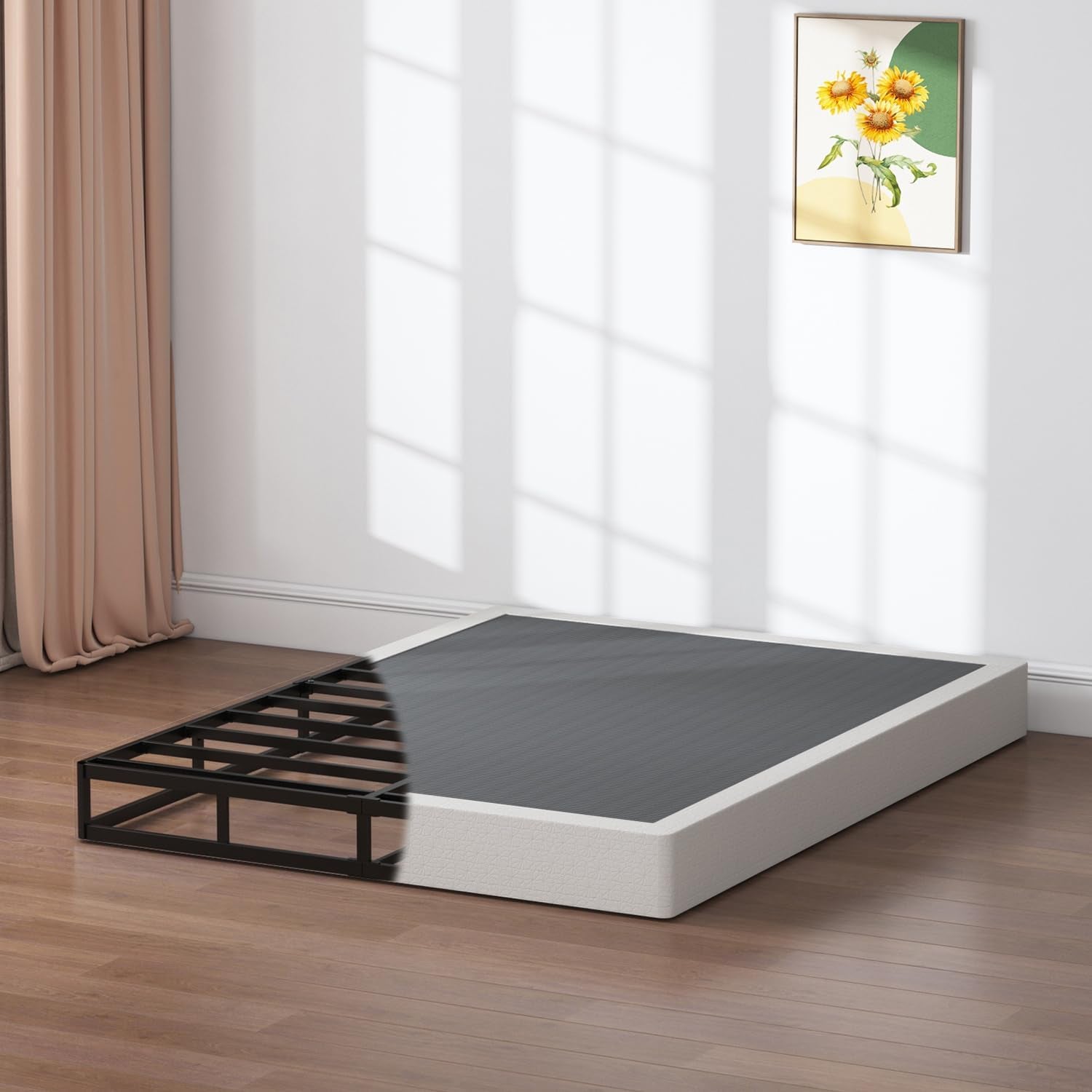 Queen Box Spring 7 Inch Low Profile Box Spring Queen Size Bed Base, 3000 Lbs Black Heavy Duty Metal Mattress Foundation with Easy Clean Fabric Cover,Easy Assembly