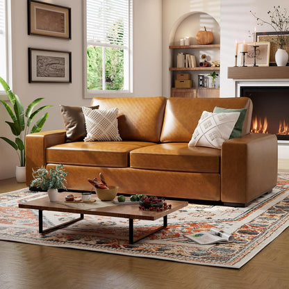 85" Faux Leather Sofa Couches, 3 Seater Mid-Century Modern Sofa with Extra Deep Seats, Upholstered Cushion&Removable Cover, Comfy Couch for Small Space Living Room Apartment, Brown