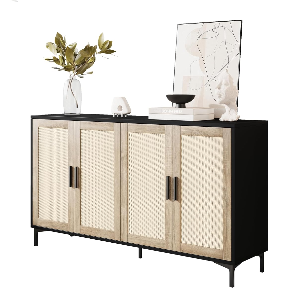 Sideboard Buffet Cabinet with Storage, 48" Rattan Coffee Bar