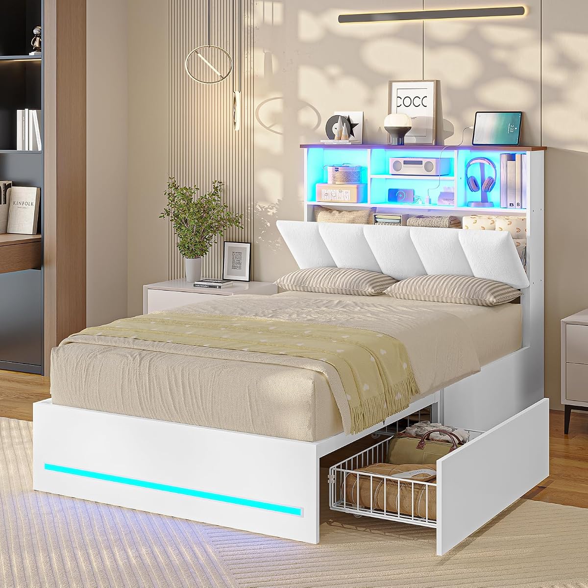 Twin Size Bed Frame with Storage Headboard & 4 Drawers, LED Lights, White