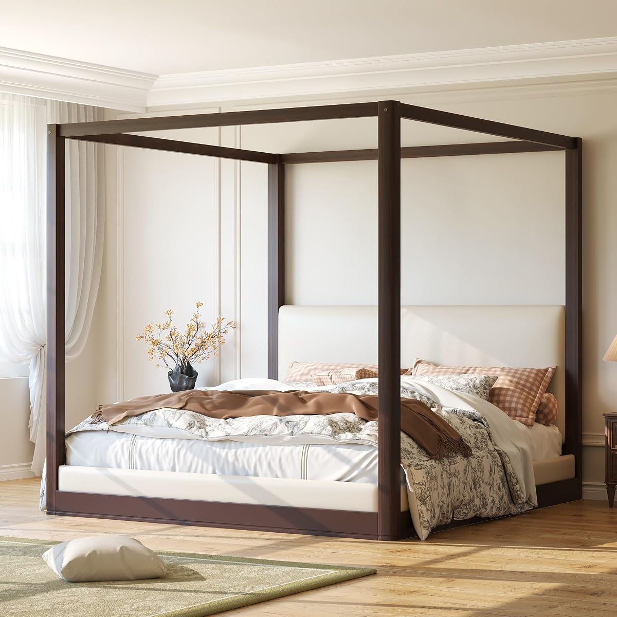 Modern King Canopy Bed Frame with Upholstered Headboard
