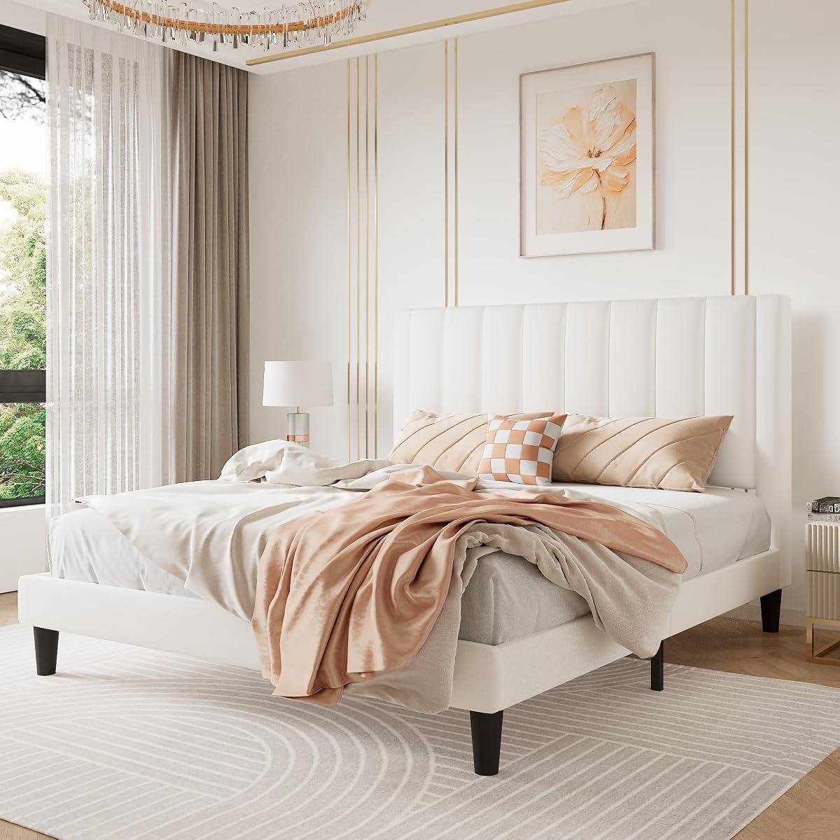 Queen Bed Frame/Velvet Upholstered Platform Bed Frame with Headboard/Strong