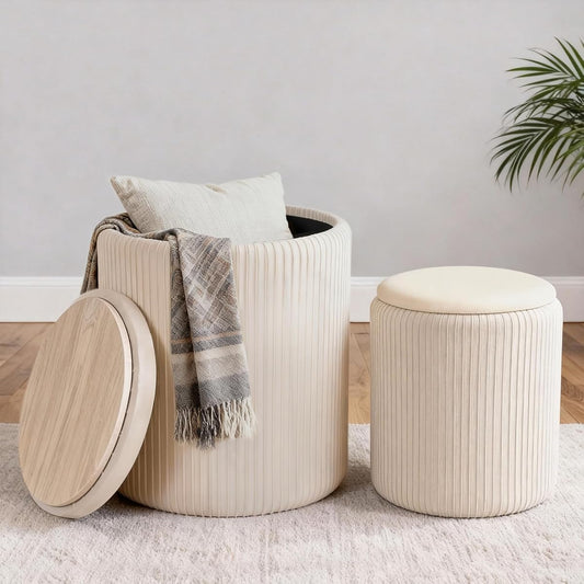 Set of 2 Round Ottoman with Storage, Upholstered Vanity Stool Support 330lbs Multifunctional Coffee Table Ottoman Velvet Foot Rest Stool or Living Room Bedroom Dorm (Beige)