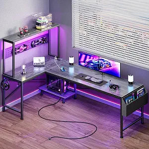 L Shaped Gaming Desk with LED Lights & Power Outlets, view 2