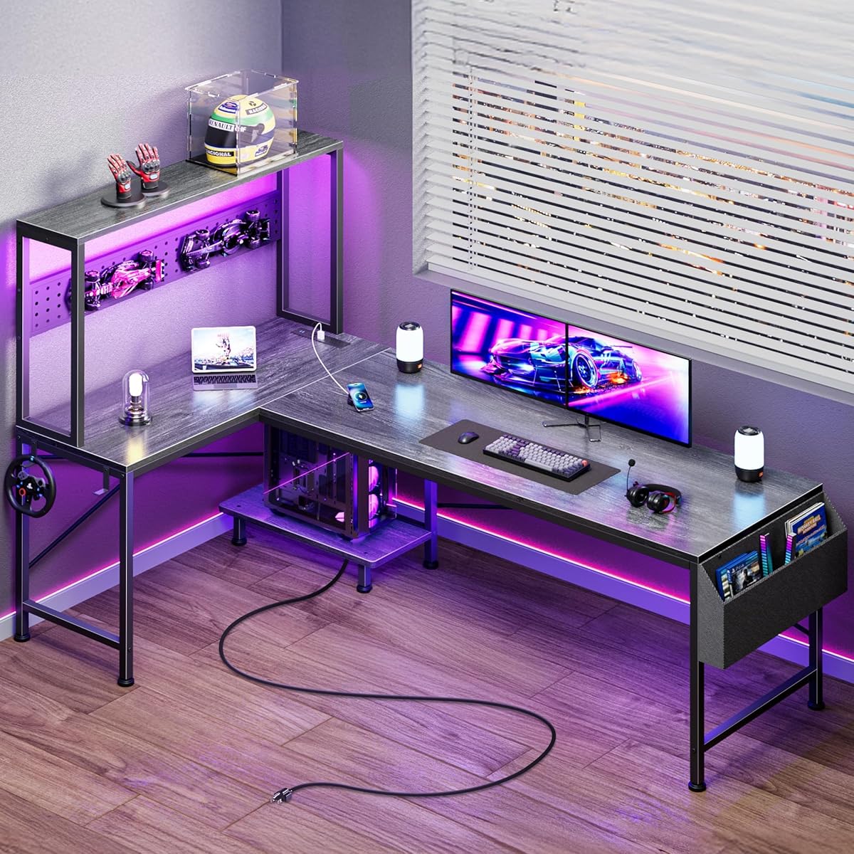 L Shaped Gaming Desk with LED Lights & Power Outlets