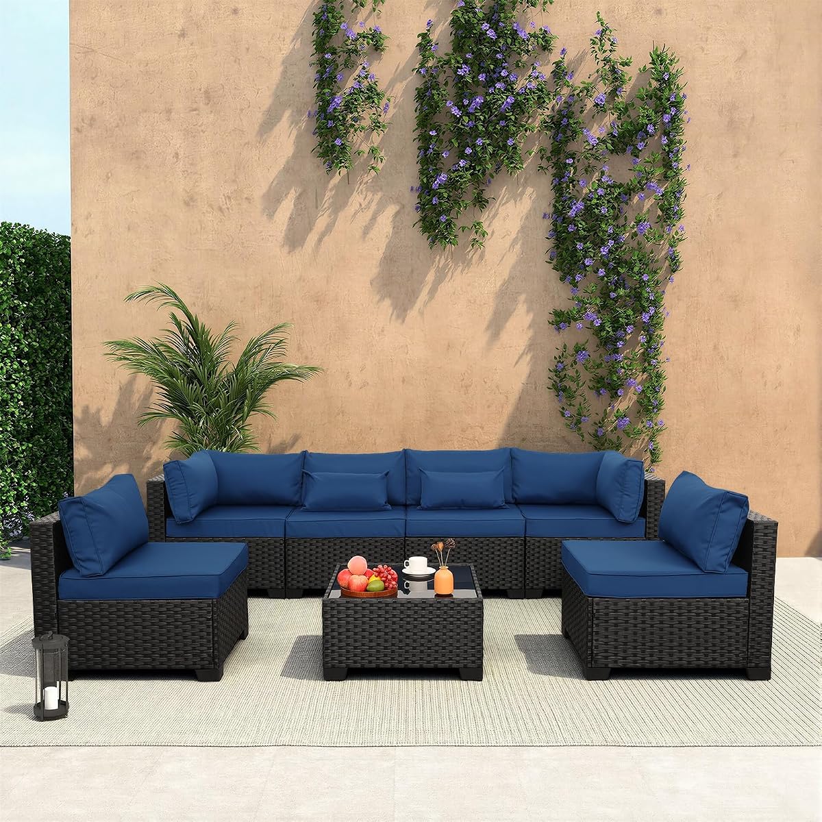7 Pieces Outdoor PE Wicker Furniture Set Patio Rattan Sectional Conversation Sofa Set with Navy Blue Cushions and Glass Top Table