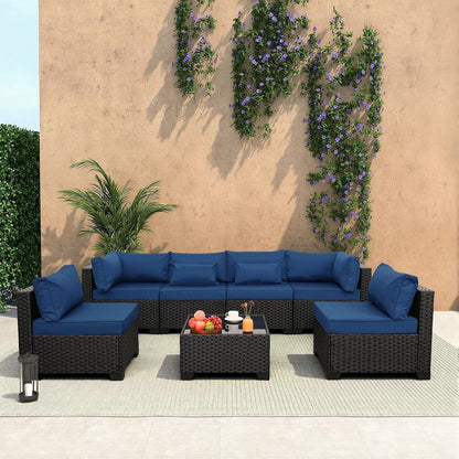7 Pieces Outdoor PE Wicker Furniture Set Patio Rattan Sectional Conversation Sofa Set with Navy Blue Cushions and Glass Top Table