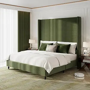 Queen Upholstered Bed Frame with 63" Headboard & Wingback, Green, view 2