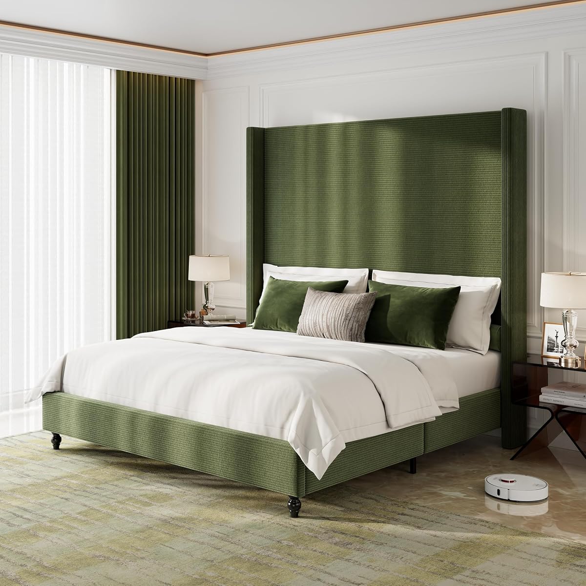 Queen Upholstered Bed Frame with 63" Headboard & Wingback, Green