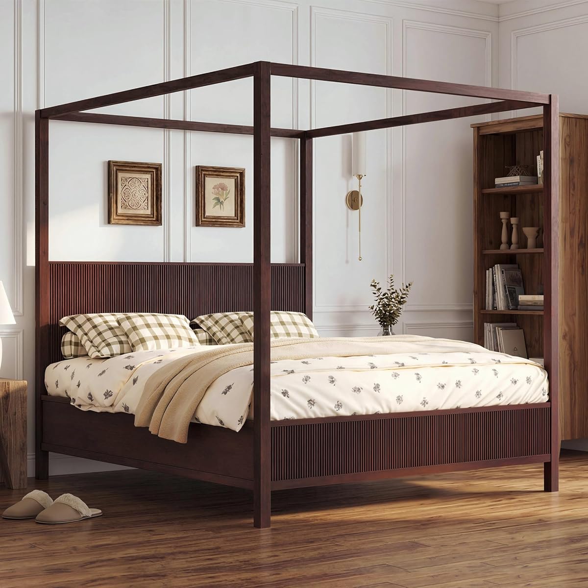 King Wooden Canopy Bed Frame with Headboard, Espresso