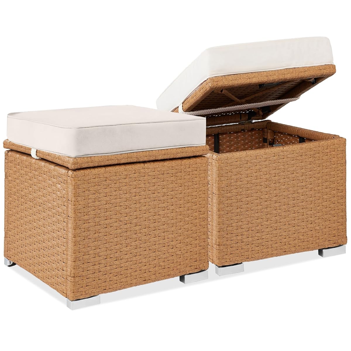 Best Choice Products Set of 2 Wicker Ottomans, Multipurpose Outdoor Furniture for Patio, Backyard, Additional Seating, Footrest, Side Table w/Storage, Removable Cushions - Natural/Ivory