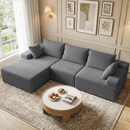 108" Boneless Sectional Couch,Corduroy Cloud Couch Sectional for Living Room,Modern L Shaped Modular Sectional Couch,3 Seater Sofa (Dark Gray, 108.9" L Shaped with Left Facing Chaise)