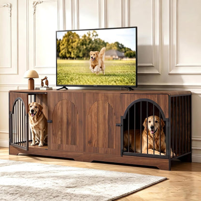 87" Large Dog Crate Furniture TV Stand, Double Kennel Divider (Walnut)