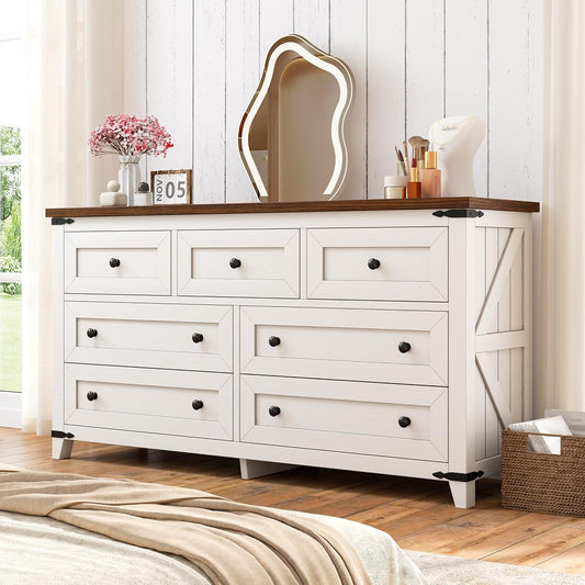 White Dresser for Bedroom, 7 Drawer Dresser with Barn Door Design | Wood Rustic Chest of Drawers with Vintage Embossed Texture for Hallway Living Room, 51.2" Wide Dresser TV Stand for 60" TV