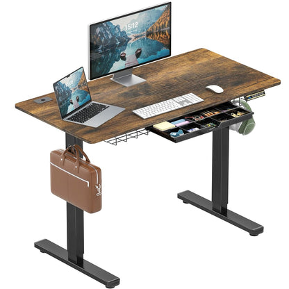 48-Inch Electric Height Adjustable Standing Desk with Drawer, Memory Preset and Cable Management Tray, Rustic Brown