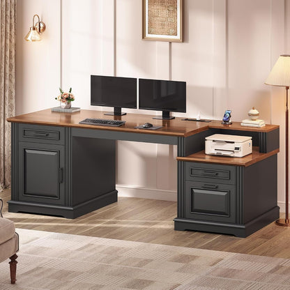 Farmhouse Executive Desk, 62'' Home Office Desk with File Drawers