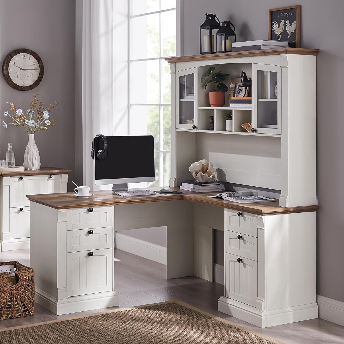 60" L Shaped Farmhouse Executive Desk with Hutch, Antique White