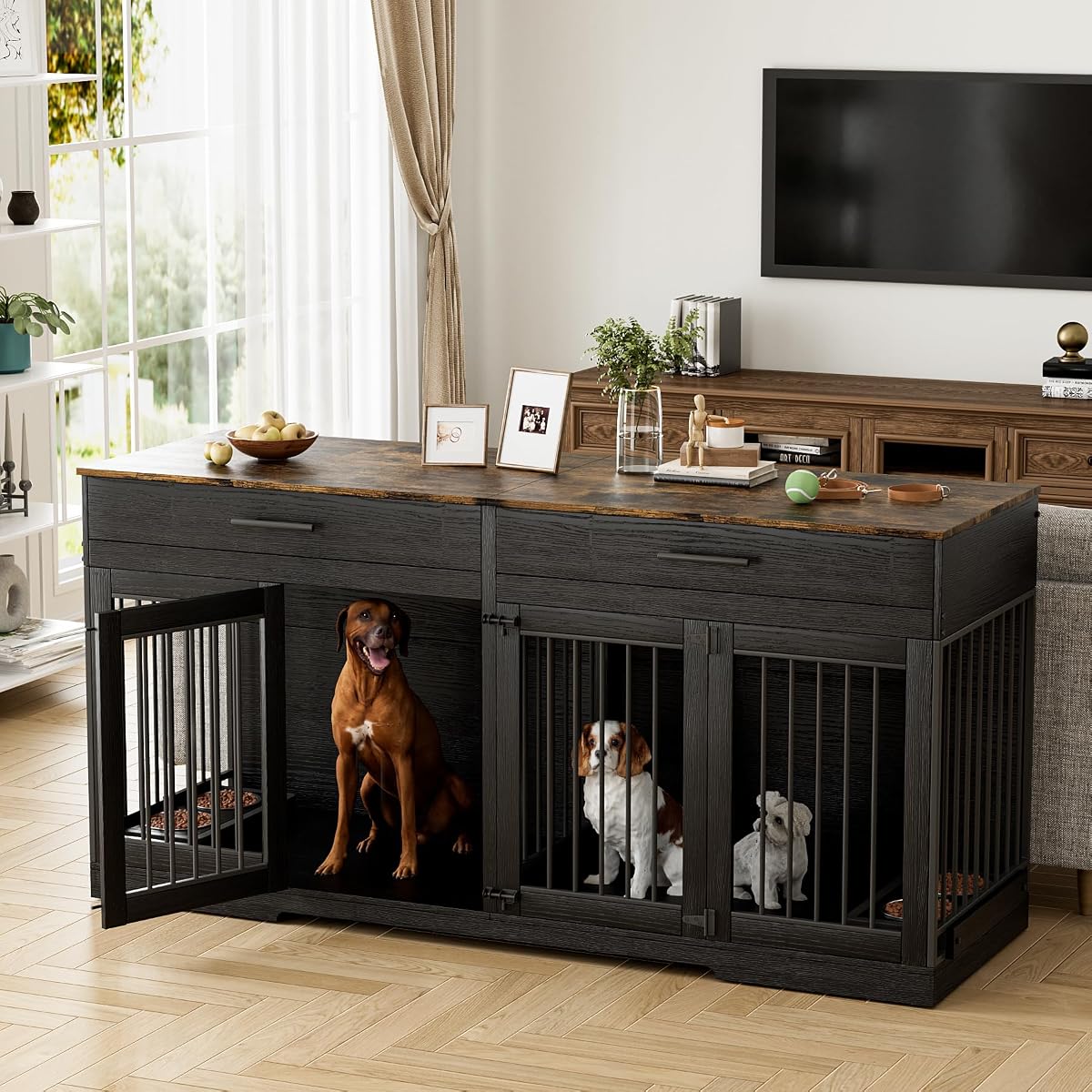 72" Double Dog Crate Furniture for Medium Large Dogs, Black