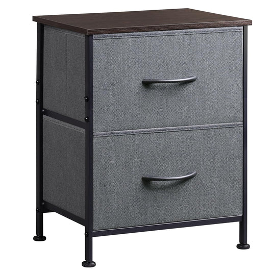 Dark grey two drawer nightstand dresser with fabric bins