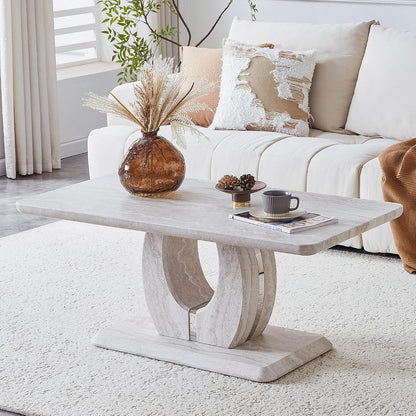 43" Modern Minimalist Faux Travertine Coffee Table with Sculptural Pedestal Base, Rectangular MDF Center Table with Metallic Silver Accent, Contemporary Living Room Table, Easy Assembly
