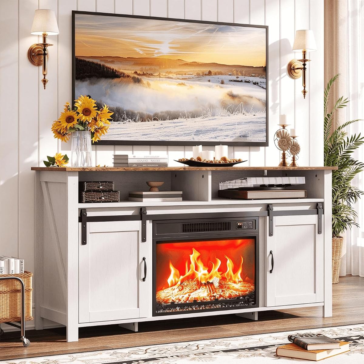 58" Fireplace TV Stand with Barn Doors for 65" TVs, 1 Package, White