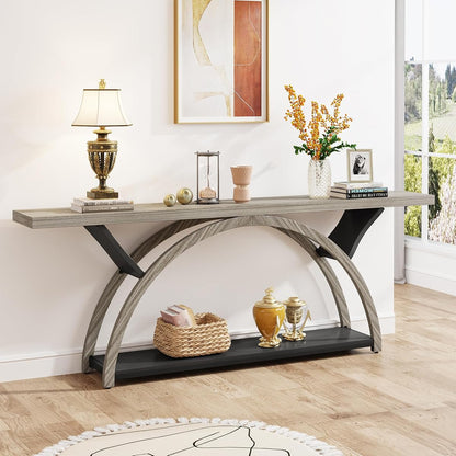 Tribesigns 70.87" Console Table with Storage Shelf, Narrow Long Sofa Table Behind Couch Table, 2-Tier Rustic Entryway Table with Half Moon Frame for Hallway Living Room, Gray & Black (Gray & Black)