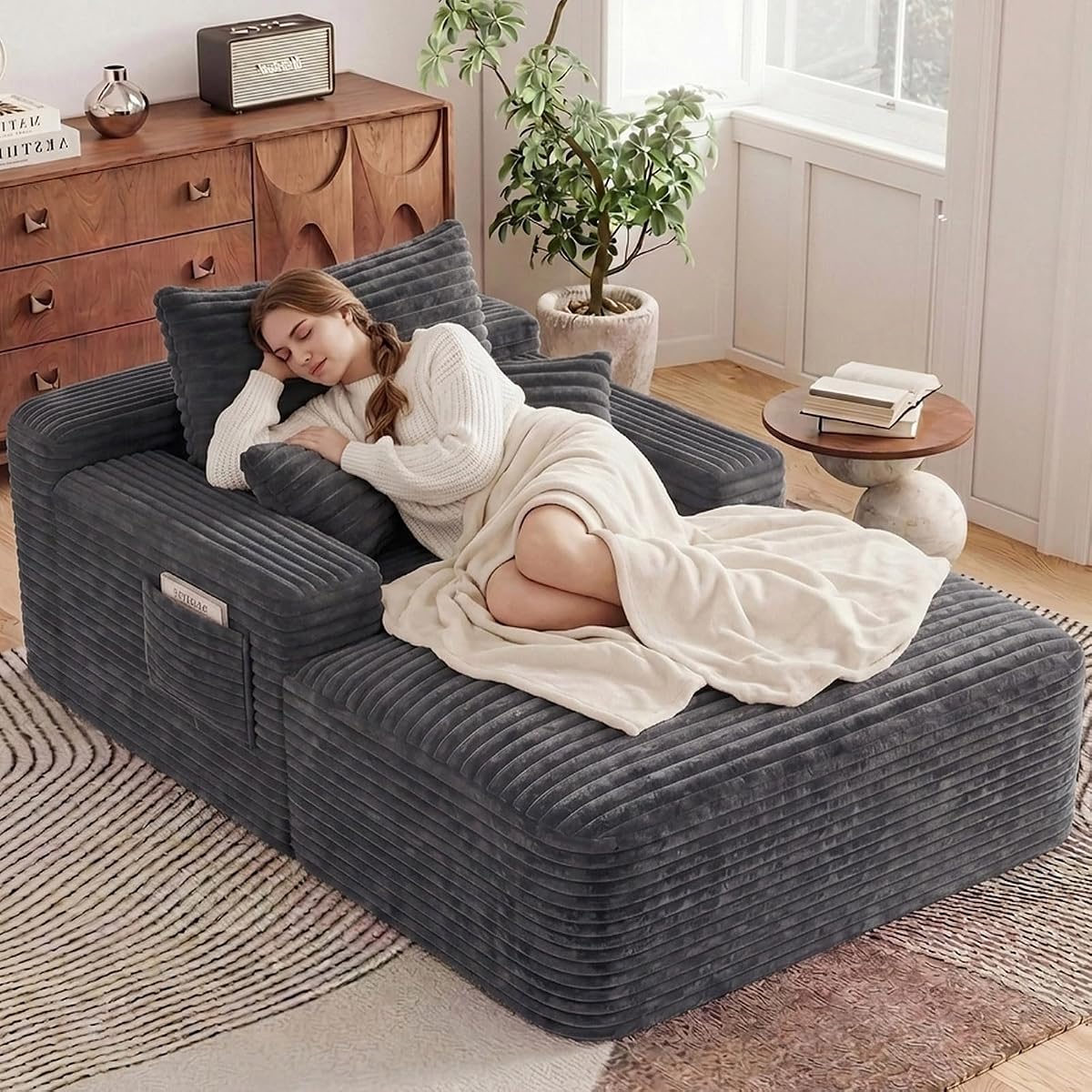 65" Oversized Boneless Chaise Lounge Chair Indoor with 3 Pillows, Grey
