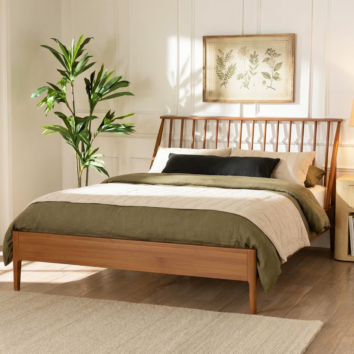 Queen Size Solid Bamboo Wood Spindle Platform Bed with 46.5" Tall Headboard