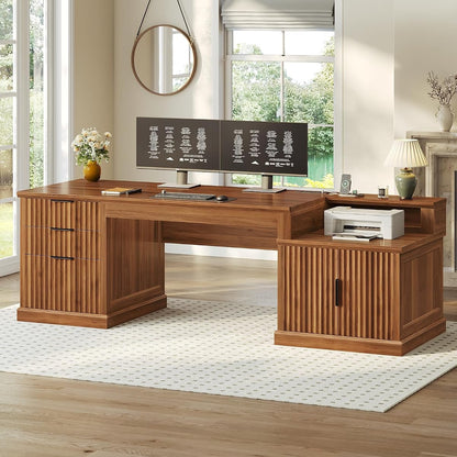 70.9" Executive Desk, Fluted Office Desk with Drawers, Brown