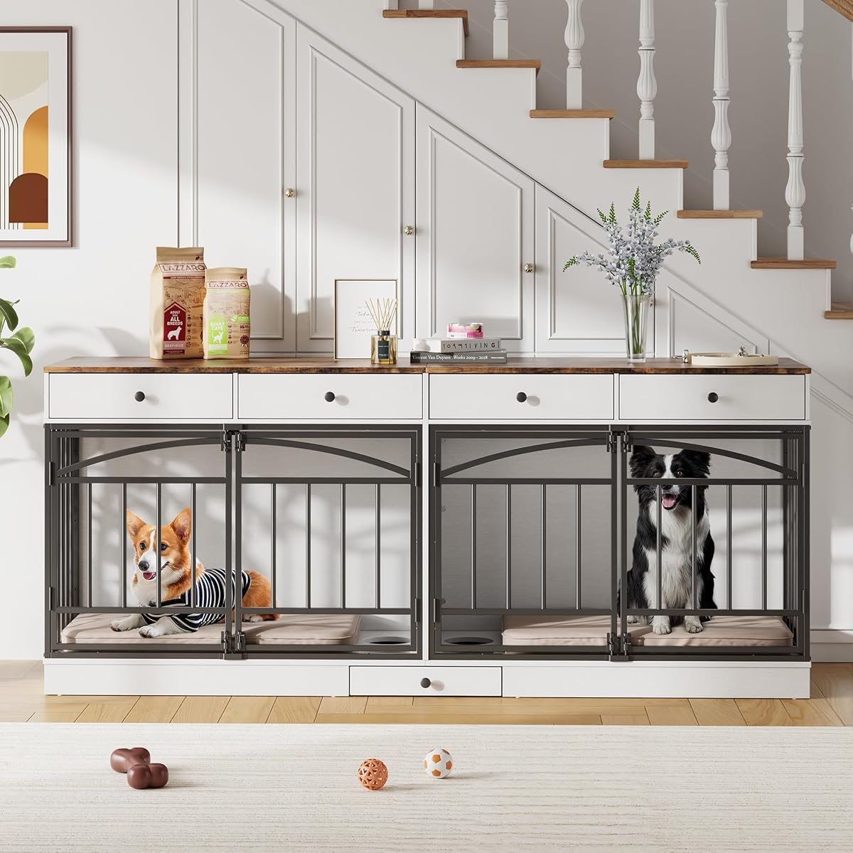78.7" Dog Crate Furniture for 2 Dogs with 4 Drawers, White