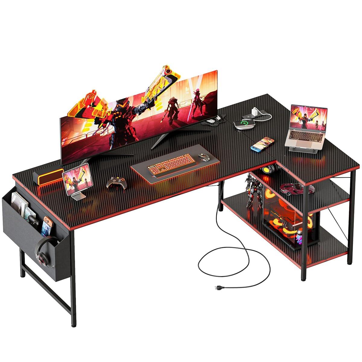 Small L Shaped Computer Desk with Power Outlets, Reversible Gaming Desk with Storage Shelves, Corner Gamer Desk Table, Study Writing Table