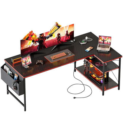 Small L Shaped Computer Desk with Power Outlets, Reversible Gaming Desk with Storage Shelves, Corner Gamer Desk Table, Study Writing Table