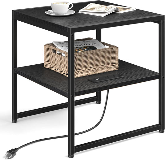 20" End Table with Charging Station, Industrial Square Side Table with USB Ports & Outlets, Versatile 2-Tier Small Nightstand for Bedroom Living Room, Black