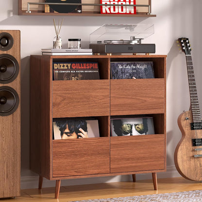 Record Player Stand with Vinyl Storage, Mid-Century, Brown