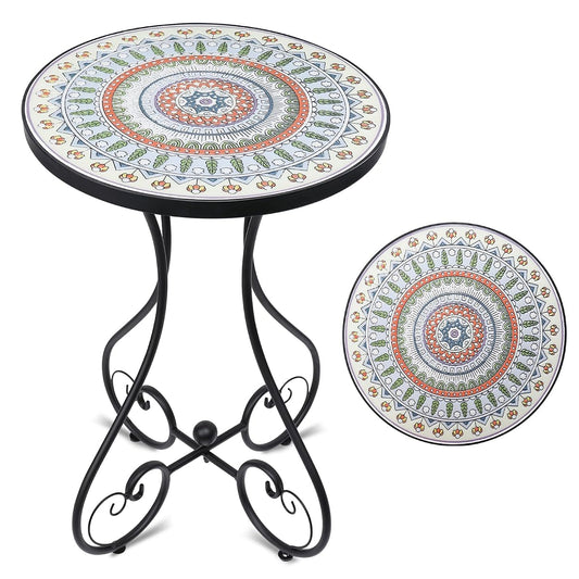 Mosaic Outdoor Side Table, Round Rustproof Patio Tables with 14" Ceramic Tile Top, Indoor Porch Accent Table for Yard, Garden, Living Room, Bistro Balcony, Green