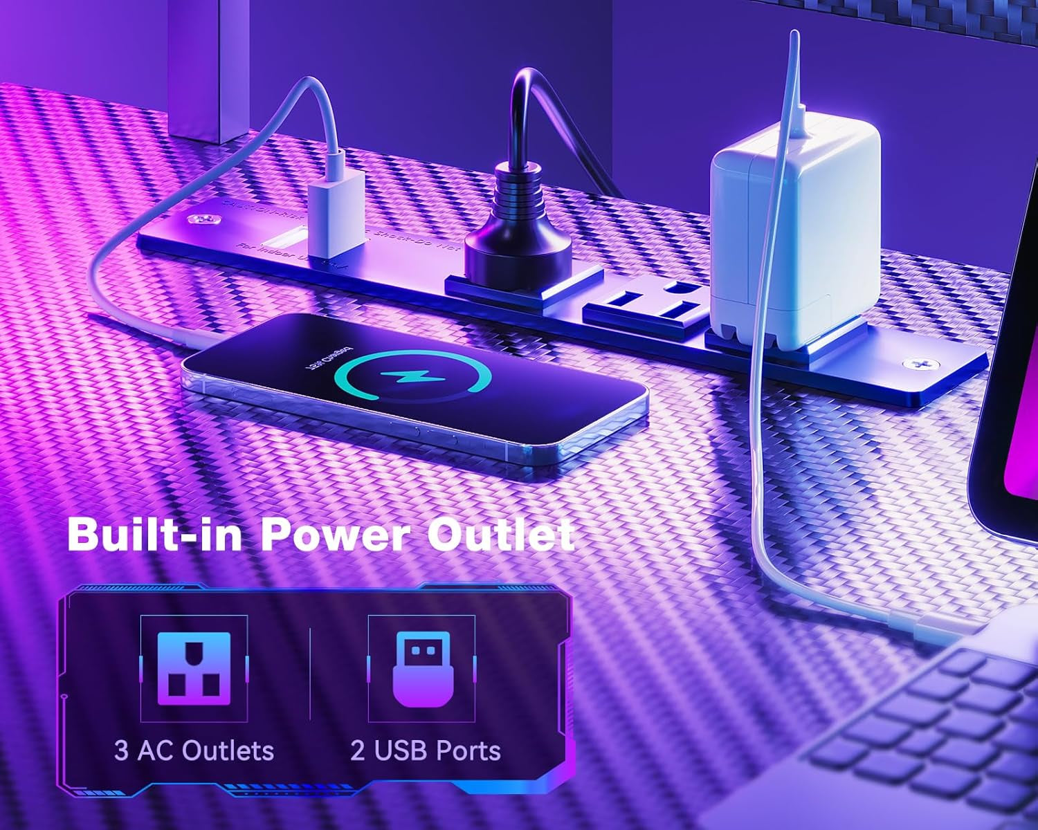 66" L Shaped Gaming Desk with Power Outlet and LED Lights, PC Gaming Table with Carbon Fiber Texture, Reversible L Shape Desk with Storage Shelves & Monitor Stand, Home Office Desk, Black