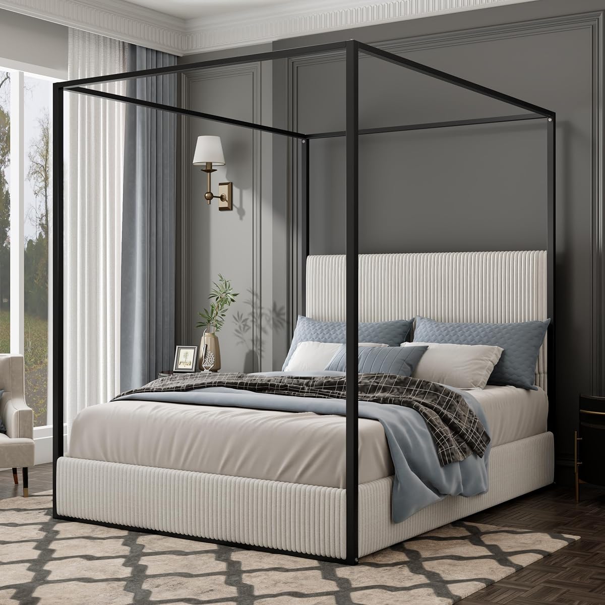 Luxury King Metal Canopy Bed with Tall Upholstered Headboard, White