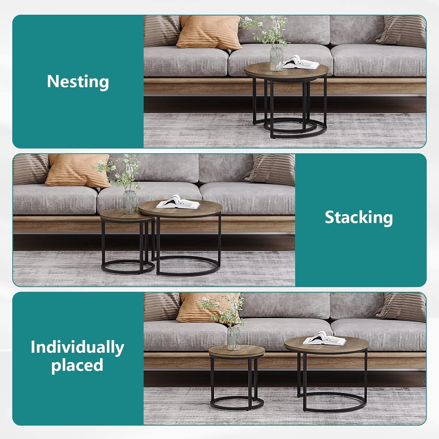 Nesting Coffee Table Set of 2, 23.6" round Coffee Table Wood Grain Top with Adjustable Non-Slip Feet, Industrial End Table Side Tables for Living Room Bedroom Balcony Yard