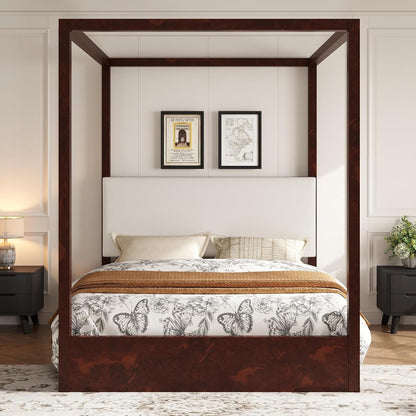 Queen Size Canopy Platform Bed with Upholstered Headboard, Two-Tone Wood Frame