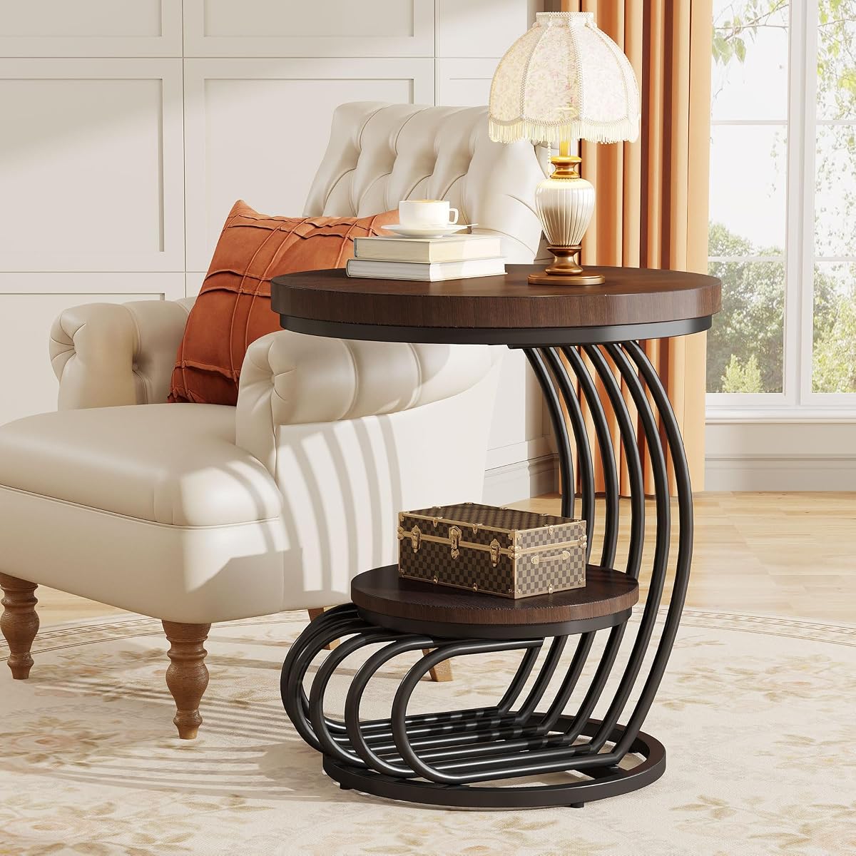 Tribesigns Round End Side Table: Side Table with 2 Tiers Storage Shelves, Vintage End Table for Living Room, Small Bedside Table Accent Table with Arc-Shaped Frame, Rustic Brown