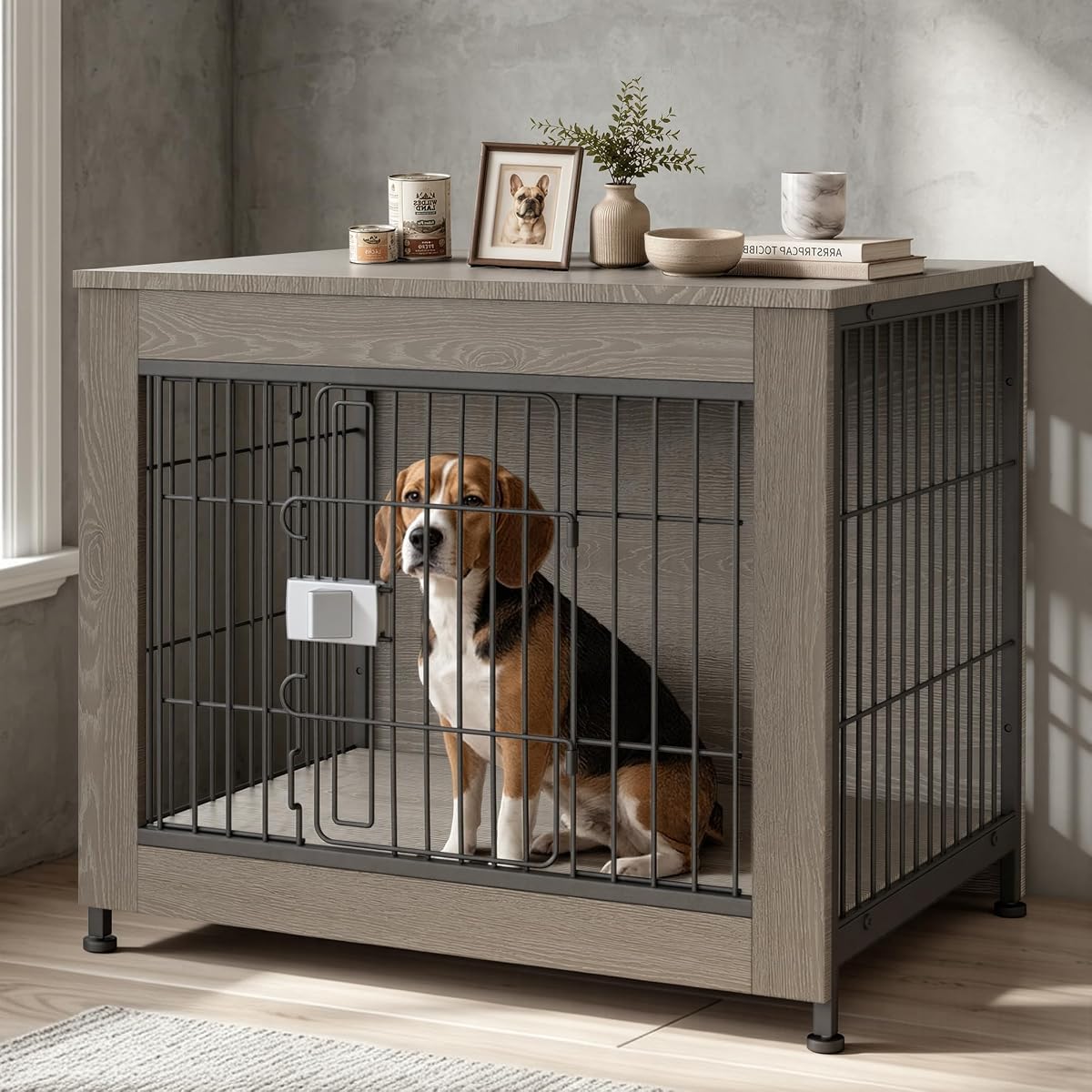 Wooden Dog Crate Furniture 27" for Small to Medium Dogs, Greige